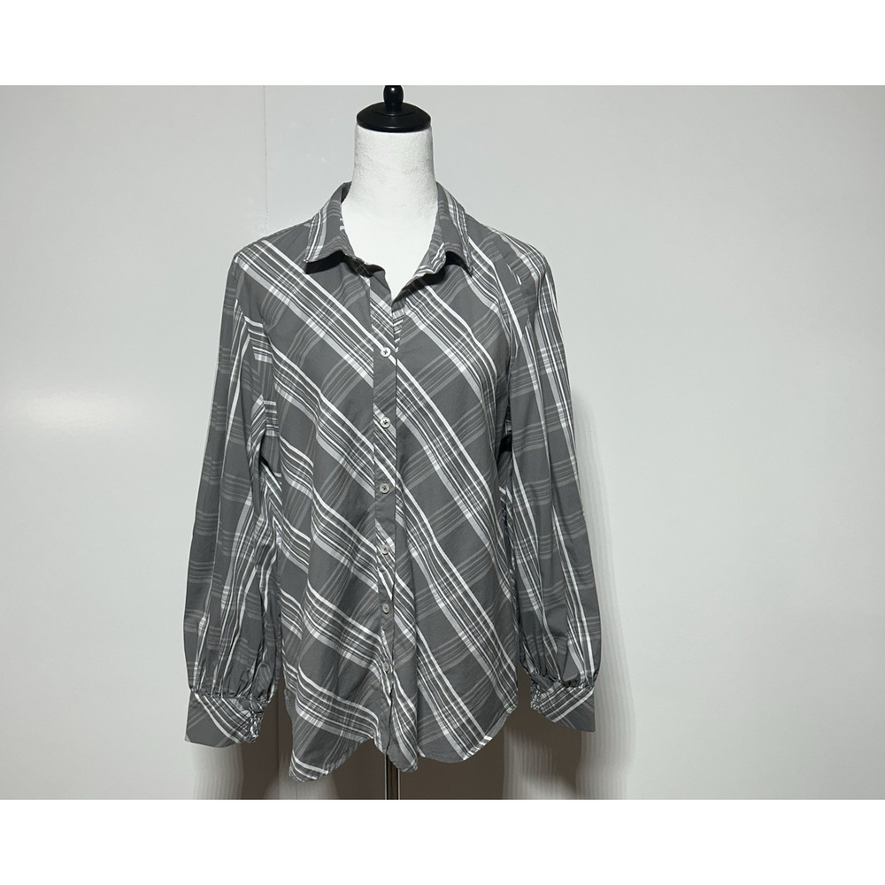 Chicos Top Womens XL 3 Gray‎ White Button Up Billow Balloon Sleeve Poplin Plaid - Picture 2 of 12